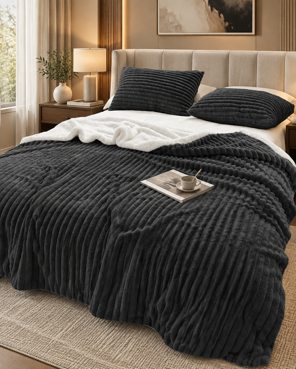 Stripe Flannel Sherpa Blanket/Comforter Set Charcoal