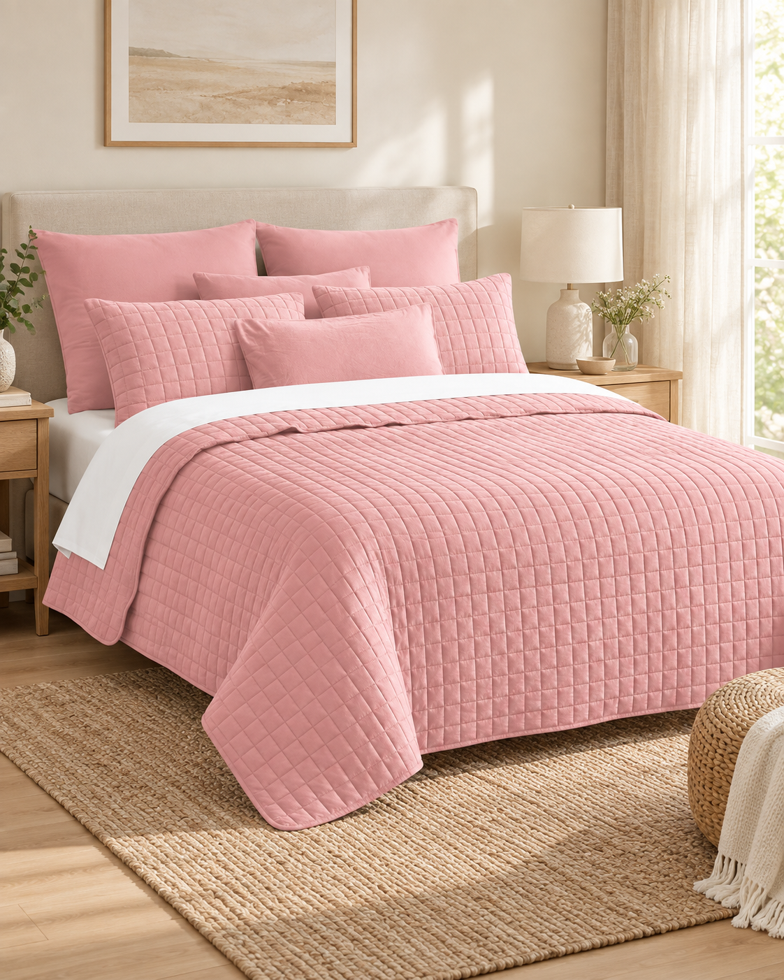 7 Piece Vintage Stone Wash Comforter/Bedspread/Coverlet Set Pink
