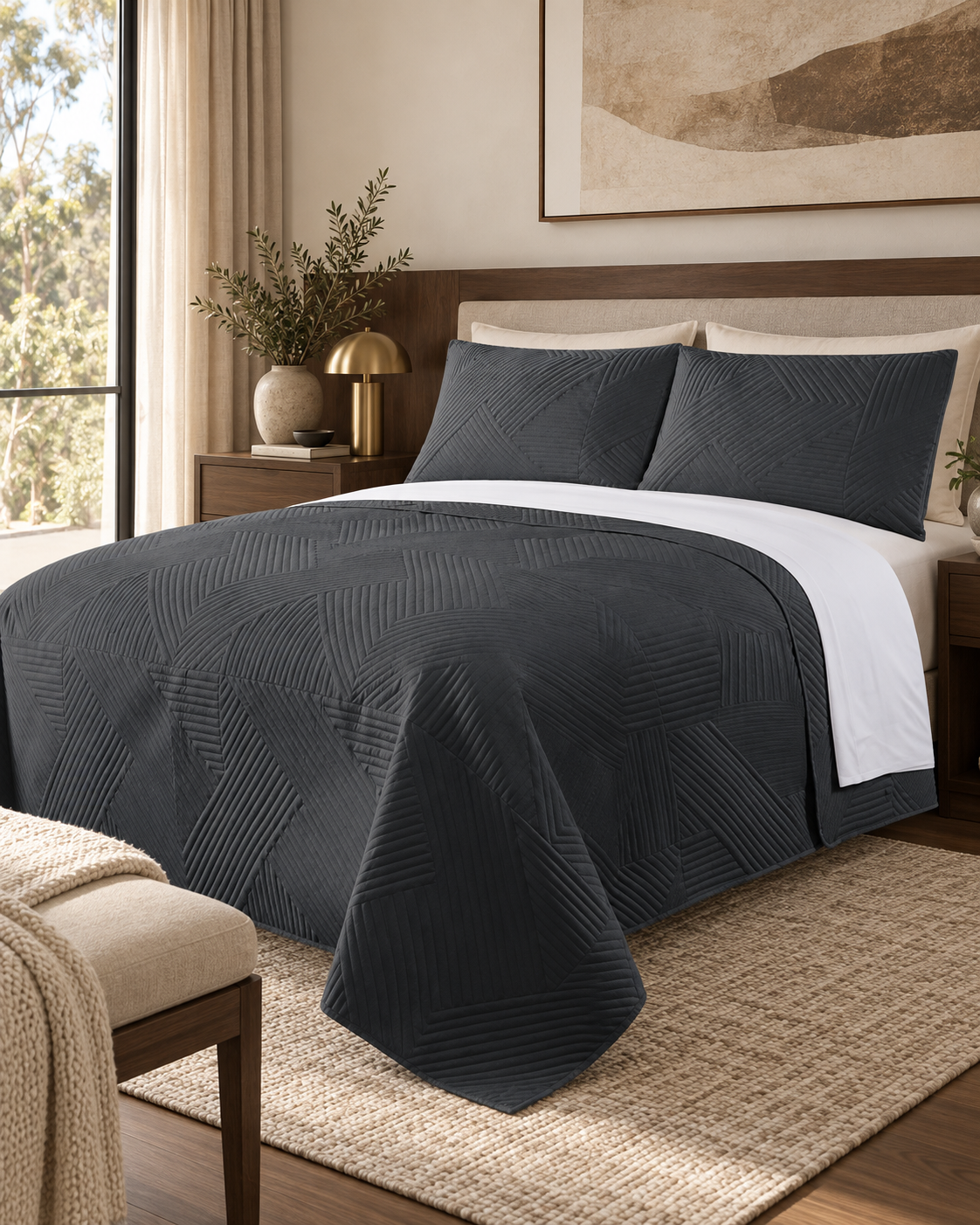 Home Fashion Geometry 3 PCS Soft Premium Bed Embossed Coverlet Charcoal