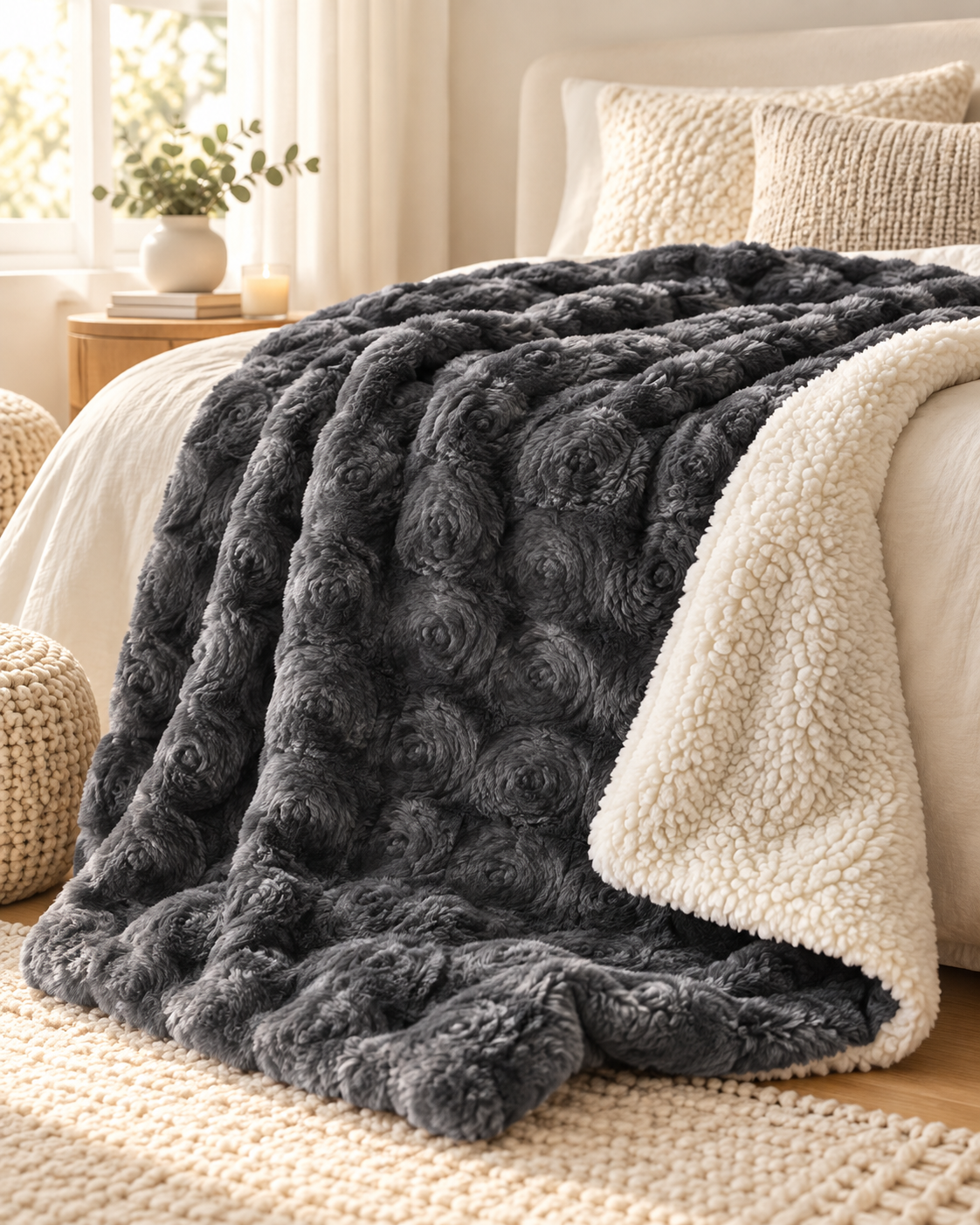 plush fleece sherpa backed reversible throw charcoal