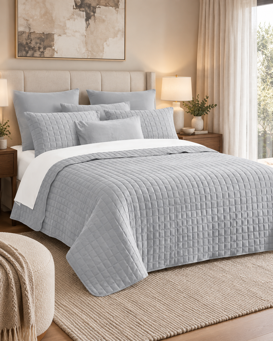 7 Piece Vintage Stone Wash Comforter/Bedspread/Coverlet Set Silver