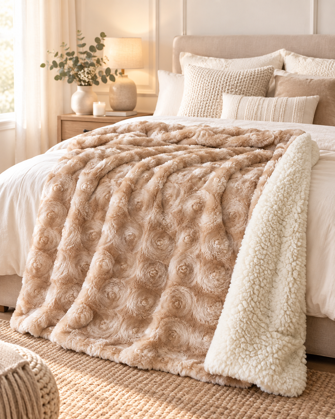 plush fleece sherpa backed reversible throw beige