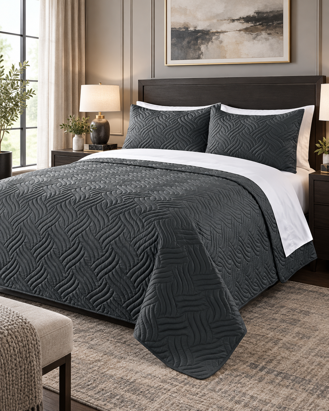 Home Fashion 3 PCS Soft Premium Bed Embossed Coverlet Queen King Charcoal