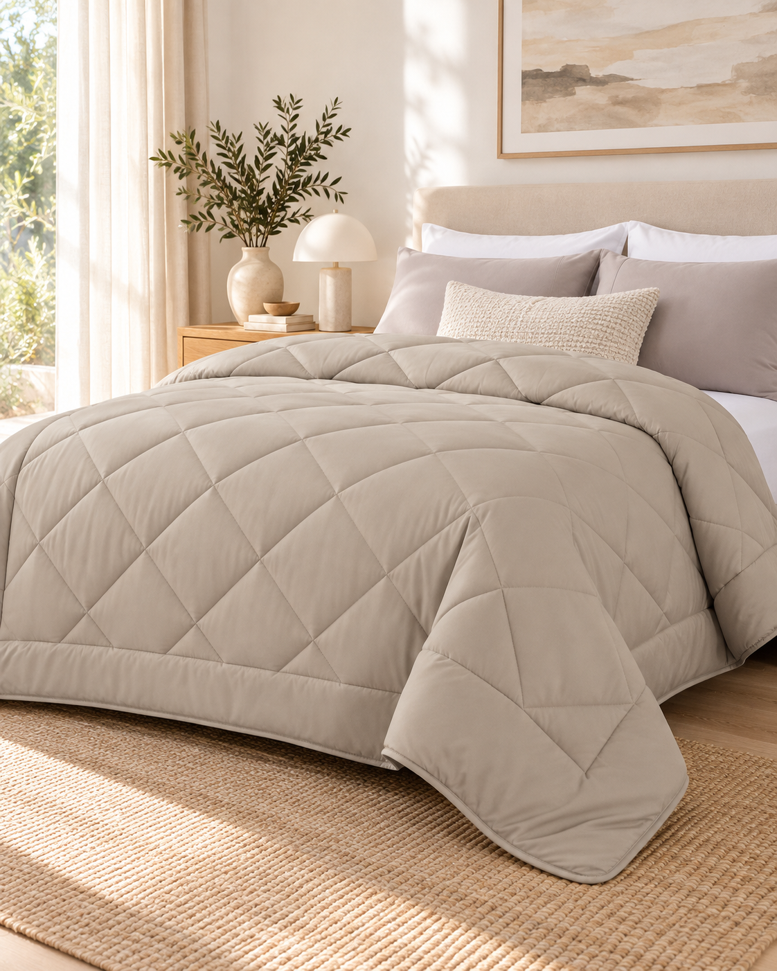 Solid Bedding Comforters, Down Alternative Bamboo Comforter Quilt Blanket Warm Taupe