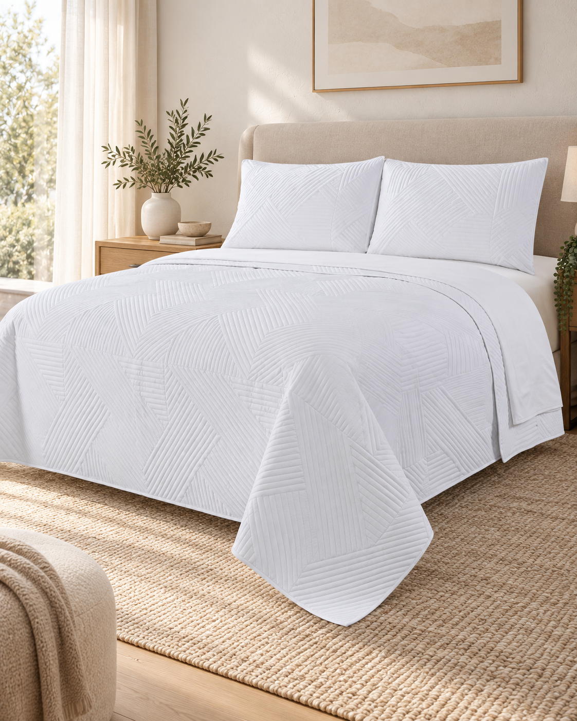 Home Fashion Geometry 3 PCS Soft Premium Bed Embossed Coverlet White