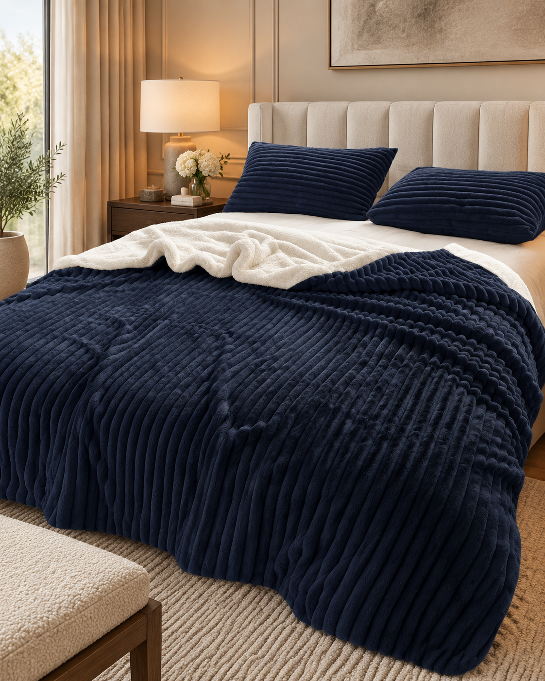 Stripe Flannel Sherpa Blanket/Comforter Set Navy