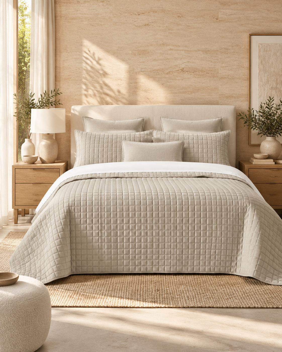 7 Piece Vintage Stone Wash Comforter/Bedspread/Coverlet Set Natural