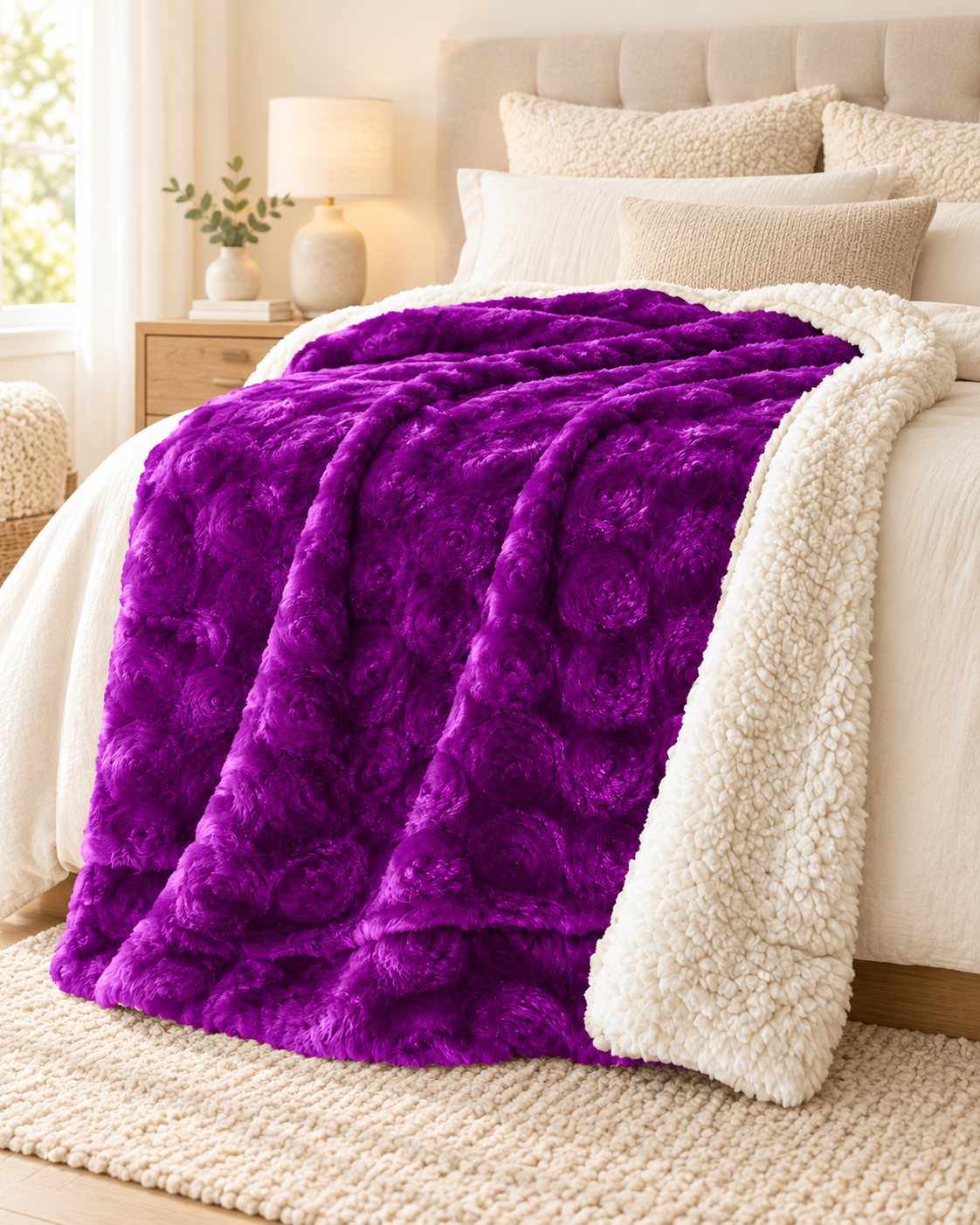 plush fleece sherpa backed reversible throw ultra violet