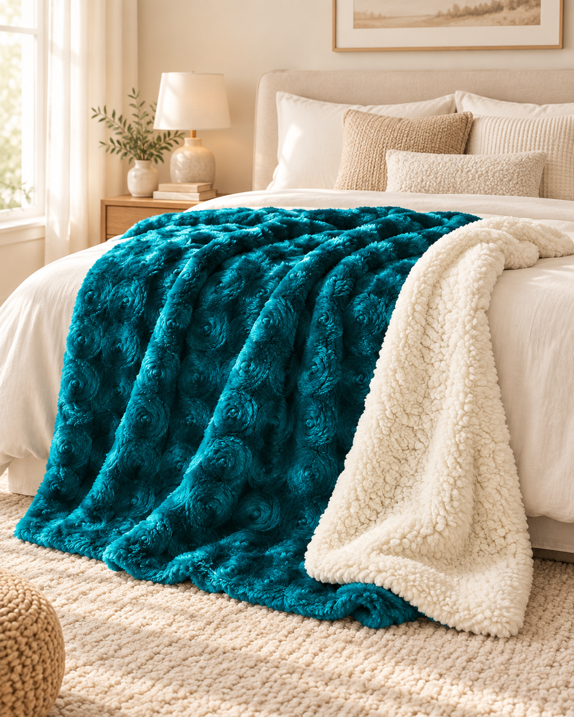 plush fleece sherpa backed reversible throw teal