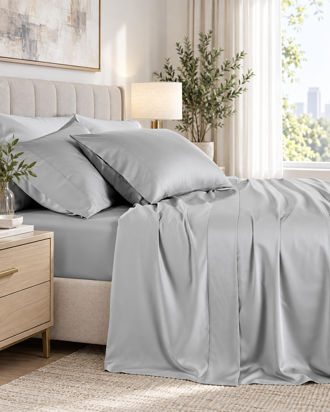 1000TC Luxurious Bamboo Cotton Sheet Sets Fitted Flat Sheet Pillowcases All Size Silver