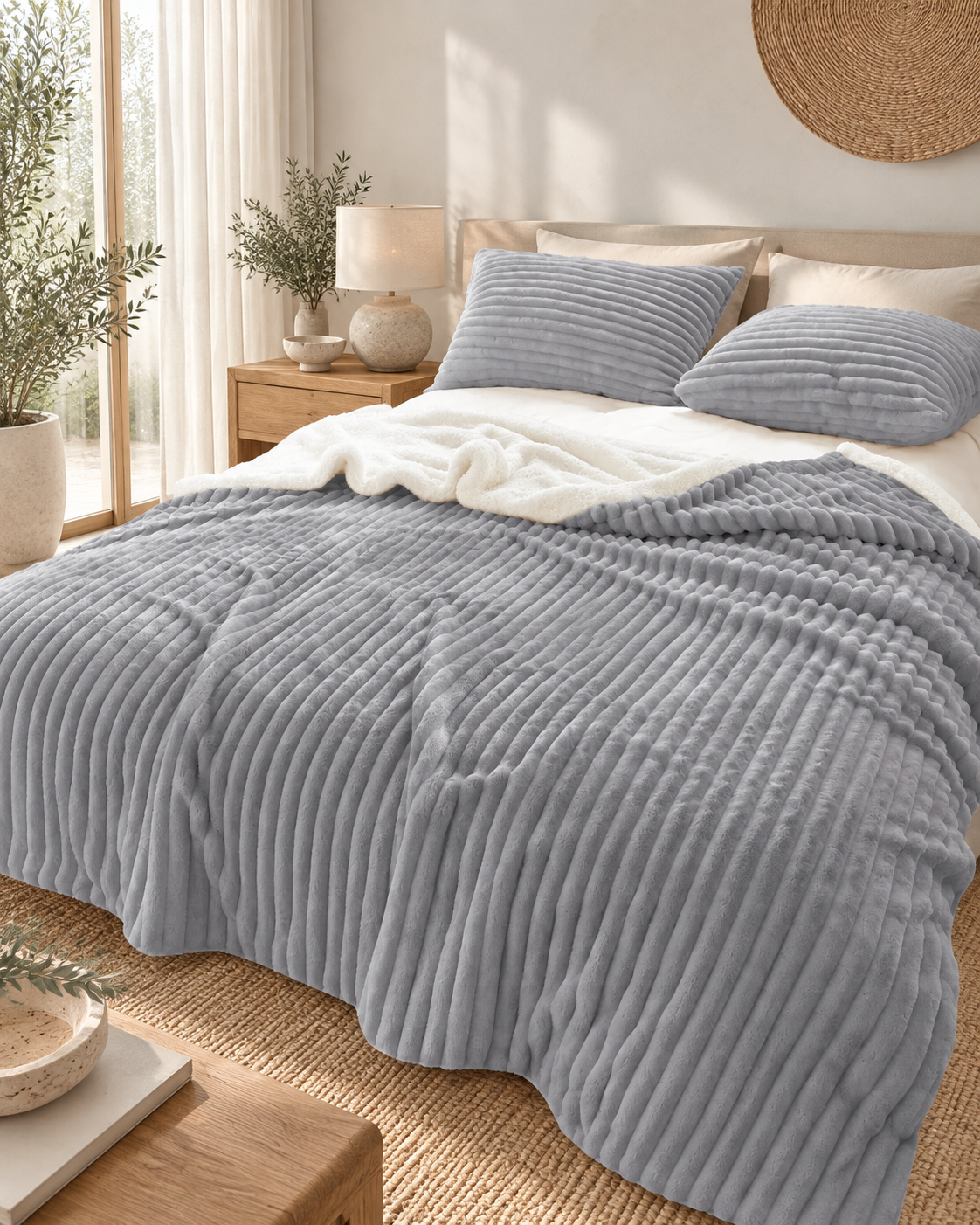 Stripe Flannel Sherpa Blanket/Comforter Set Silver
