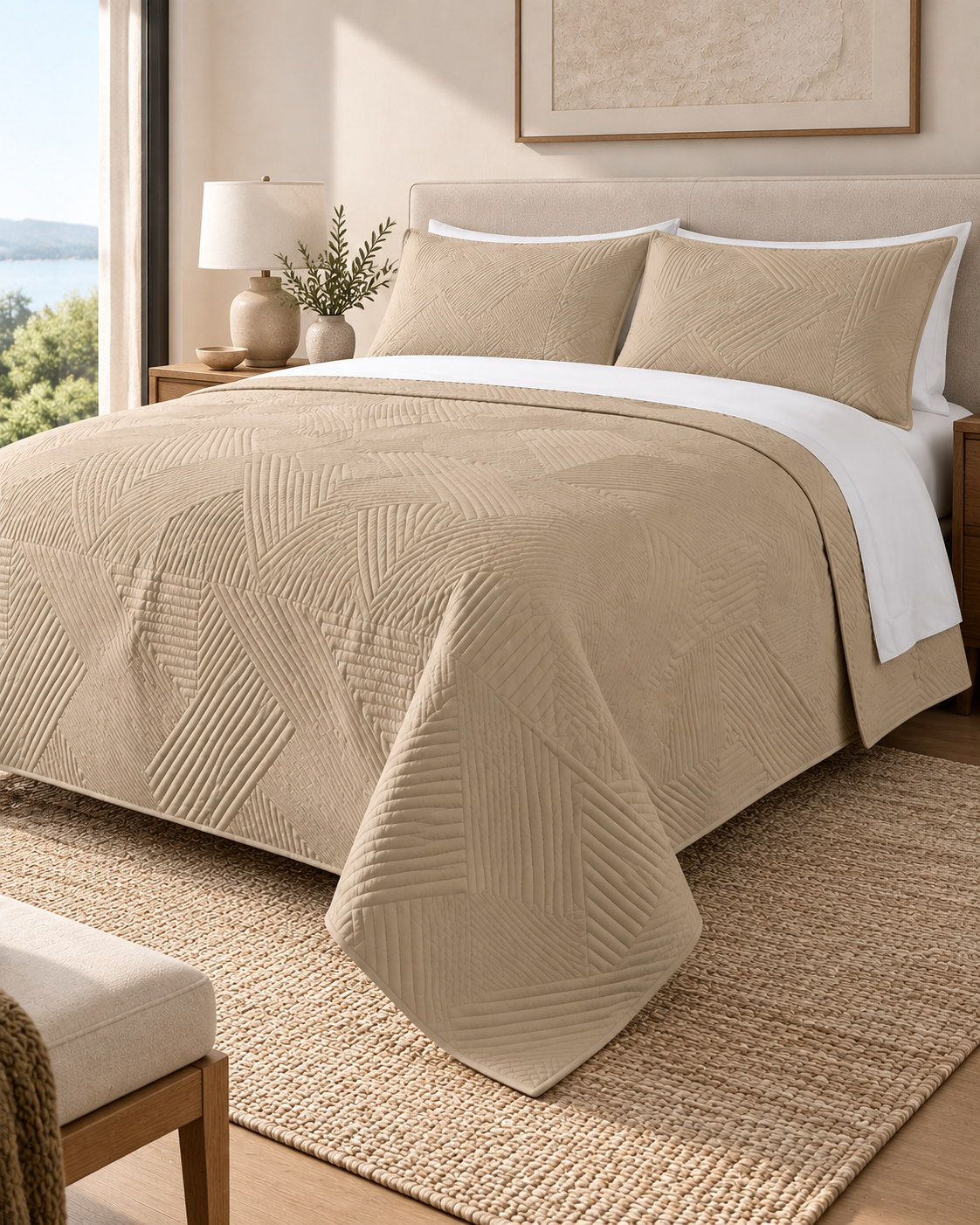 Home Fashion Geometry 3 PCS Soft Premium Bed Embossed Coverlet Natural