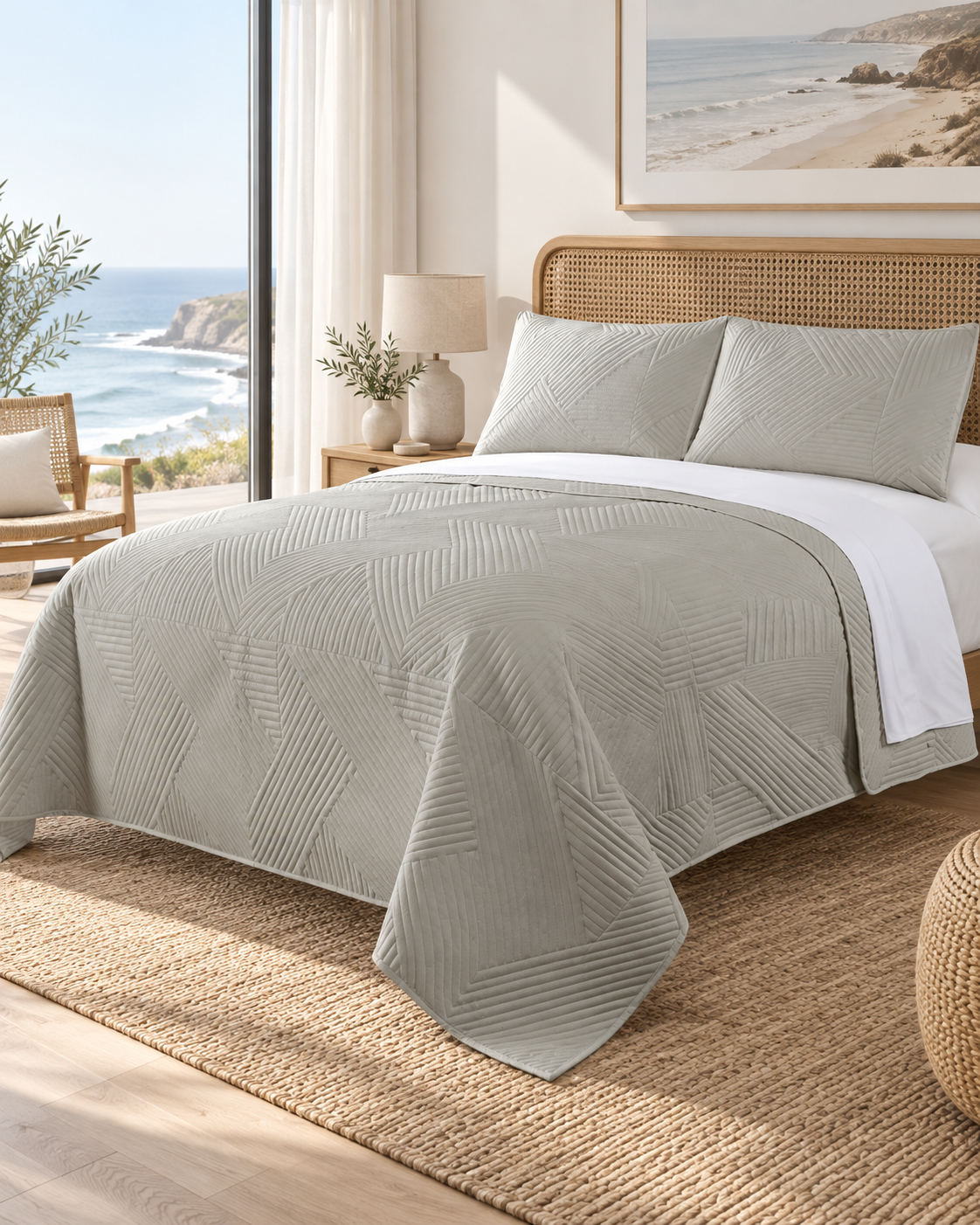 Home Fashion Geometry 3 PCS Soft Premium Bed Embossed Coverlet Silver