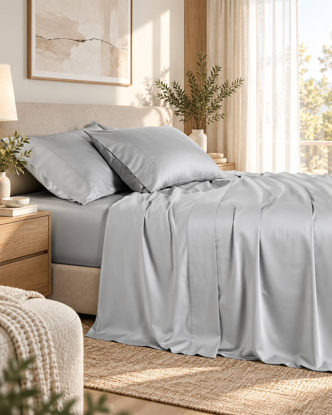 Softouch 100% Natural Premium Bamboo Sheet Sets Pillowcases Flat Fitted Sheet All Size Silver