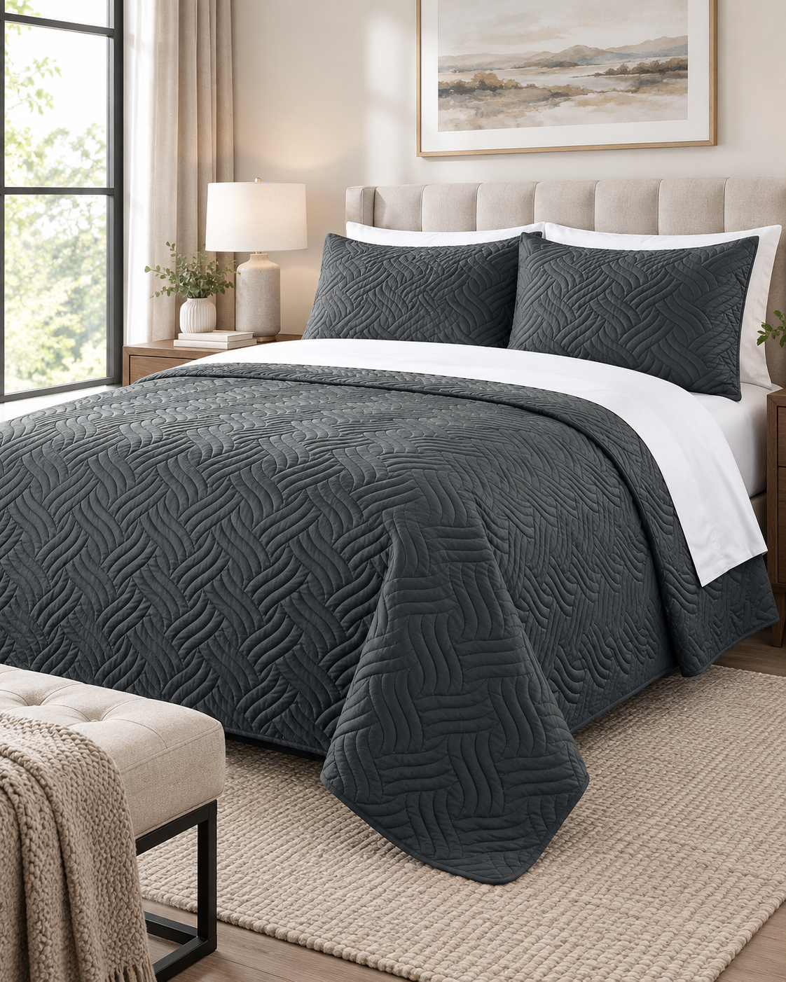 Home Fashion 3 PCS Soft Premium Bed Embossed Coverlet Queen King Charcoal