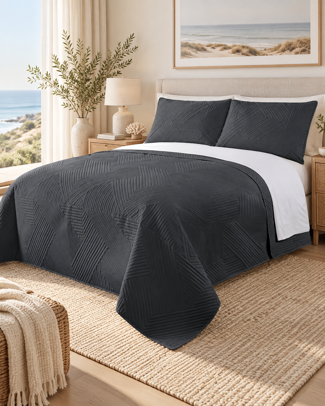 Home Fashion Geometry 3 PCS Soft Premium Bed Embossed Coverlet Charcoal
