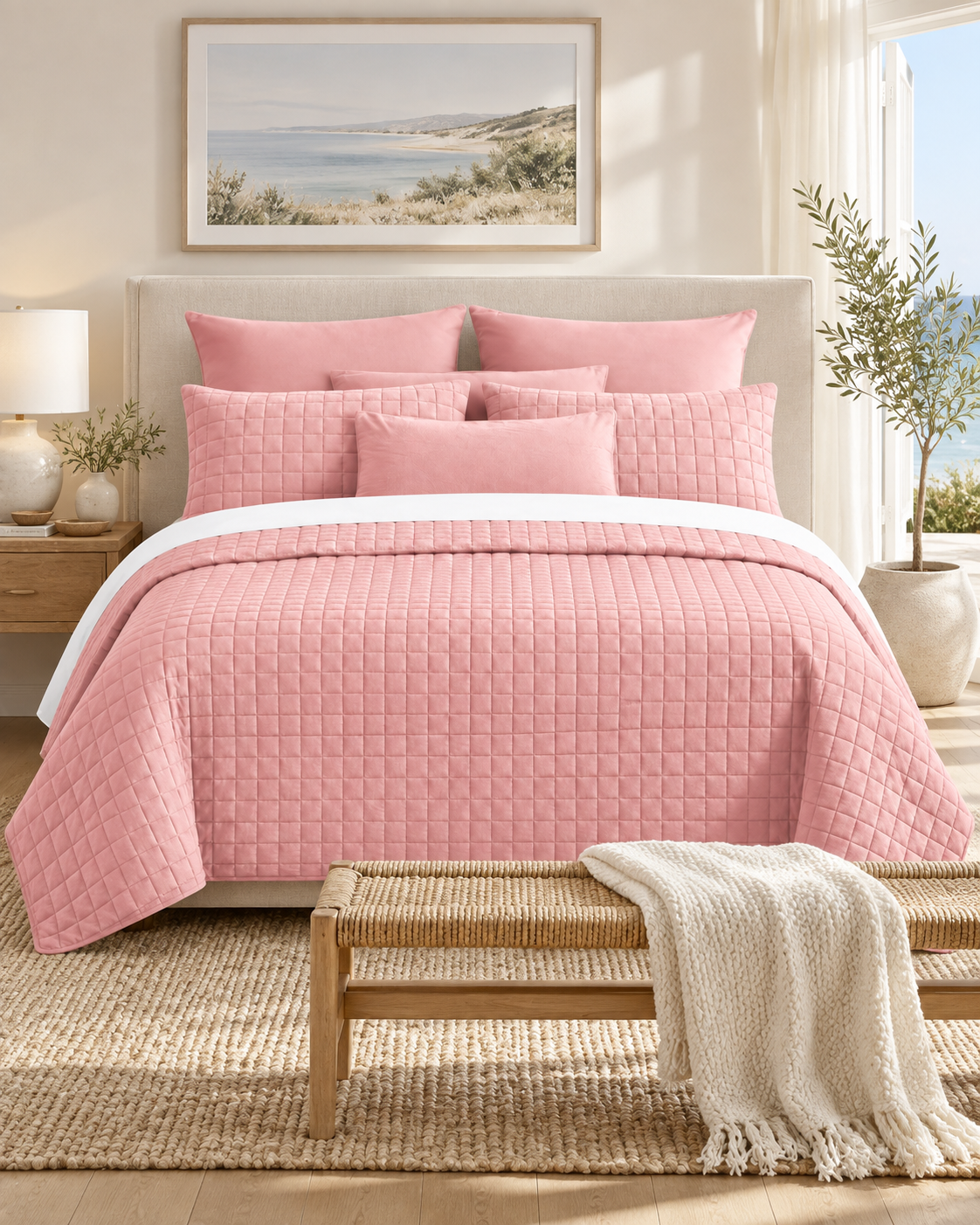 7 Piece Vintage Stone Wash Comforter/Bedspread/Coverlet Set Pink