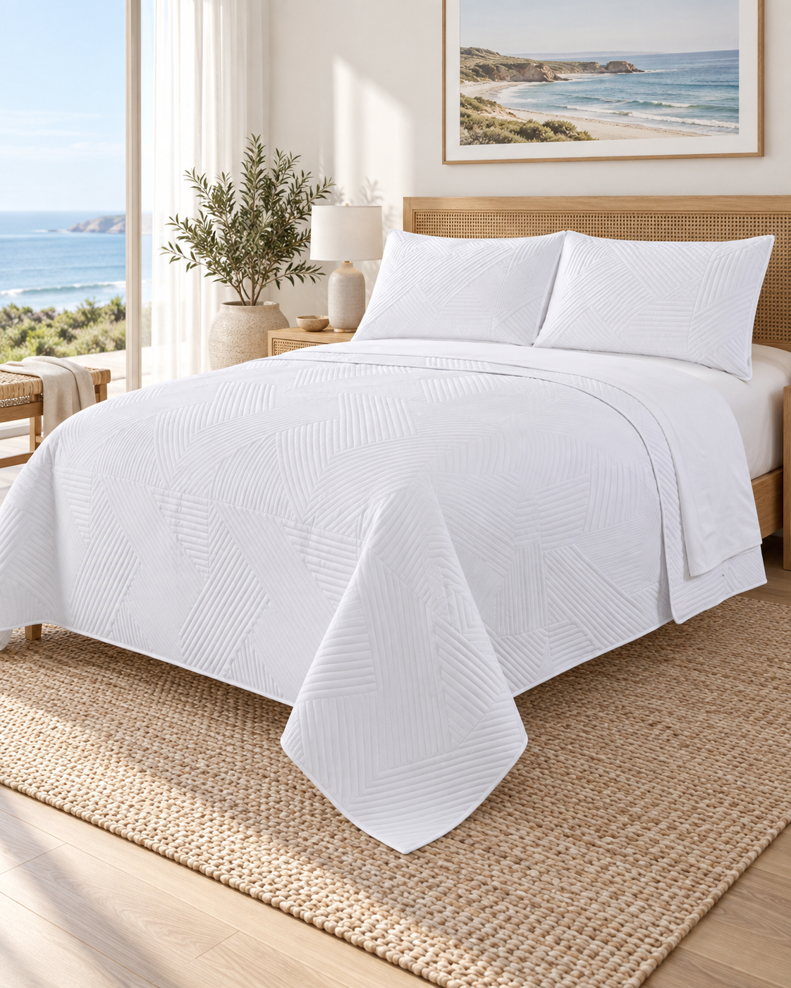 Home Fashion Geometry 3 PCS Soft Premium Bed Embossed Coverlet White