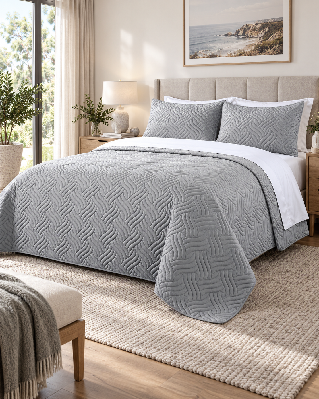 Home Fashion 3 PCS Soft Premium Bed Embossed Coverlet Queen King Silver