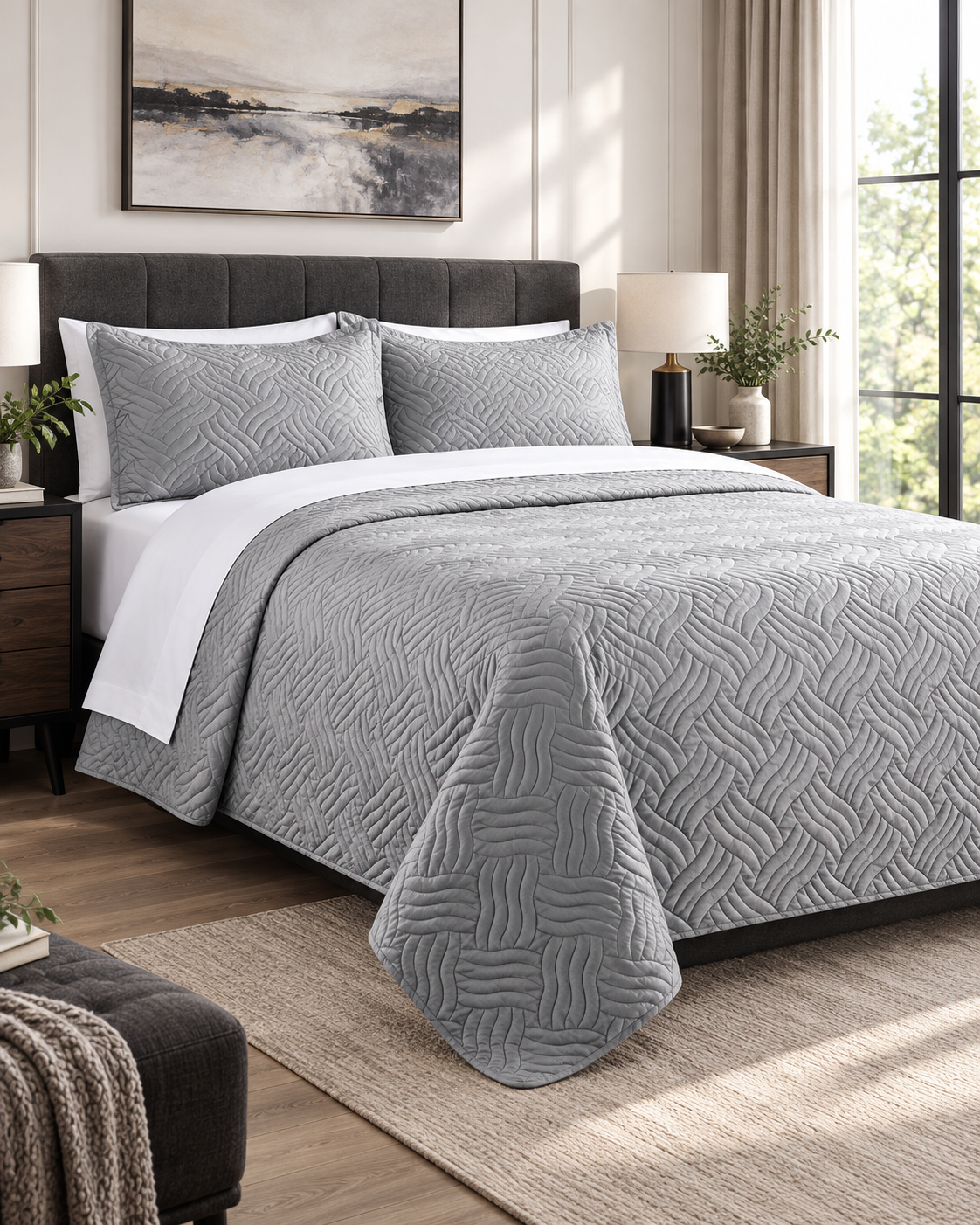 Home Fashion 3 PCS Soft Premium Bed Embossed Coverlet Queen King Silver