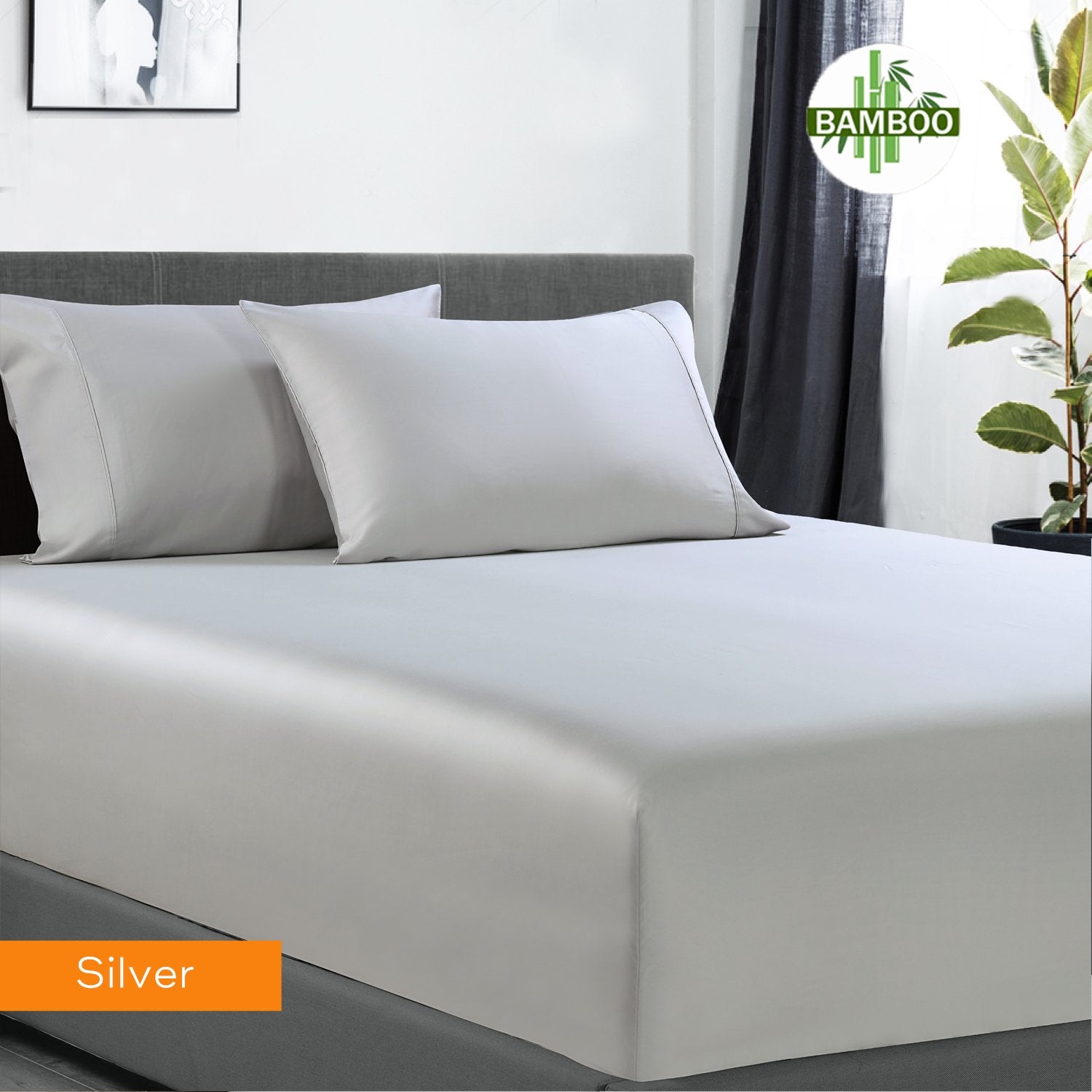 400 Thread Count Bamboo Cotton 1 Fitted Sheet with 2 Pillowcases Silver
