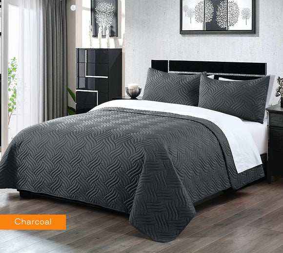 Home Fashion 3 PCS Soft Premium Bed Embossed Comforter Set Queen King Charcoal