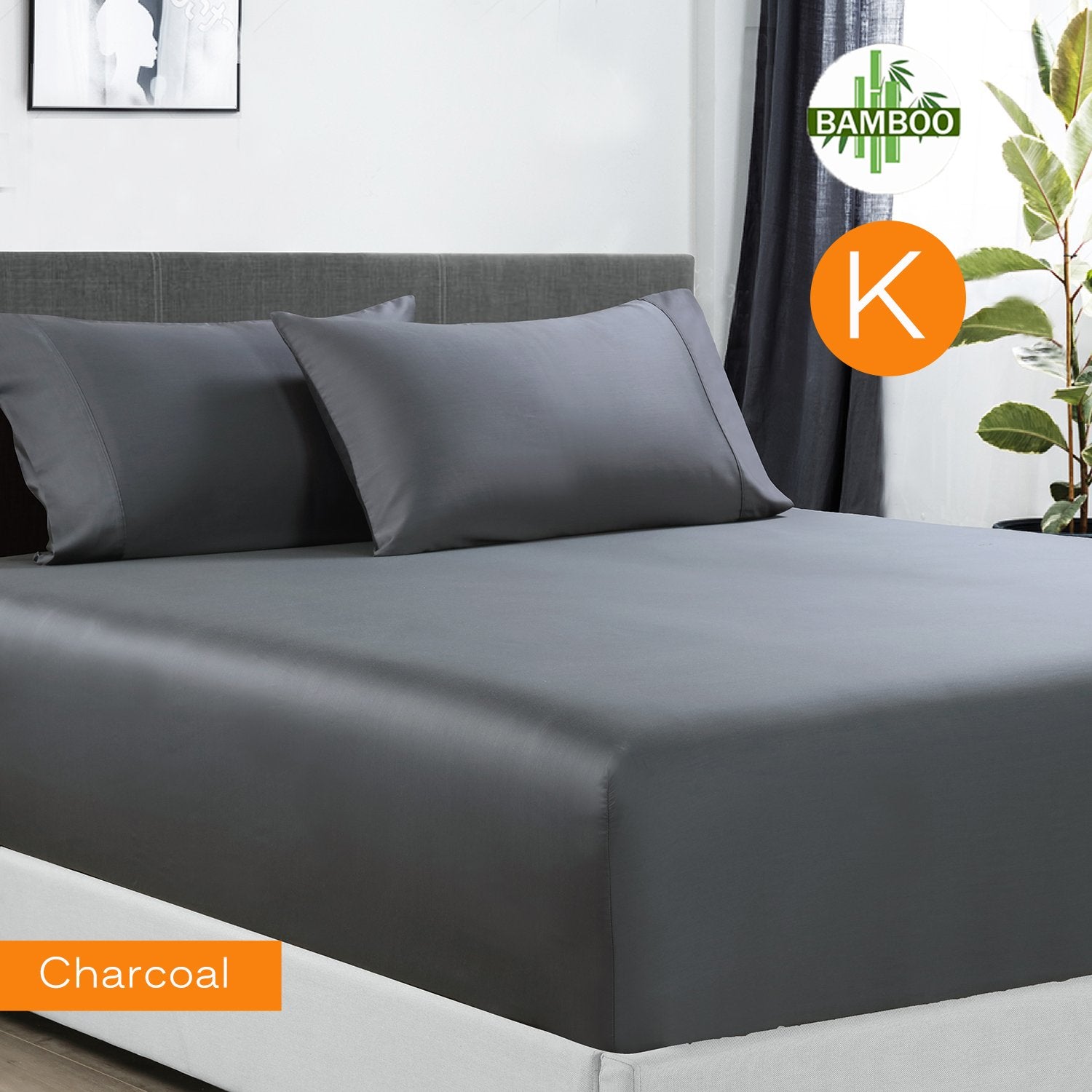 400 Thread Count Bamboo Cotton 1 Fitted Sheet with 2 Pillowcases Charcoal