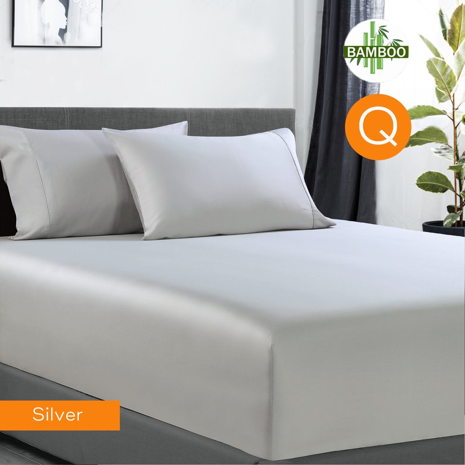 400 Thread Count Bamboo Cotton 1 Fitted Sheet with 2 Pillowcases Silver