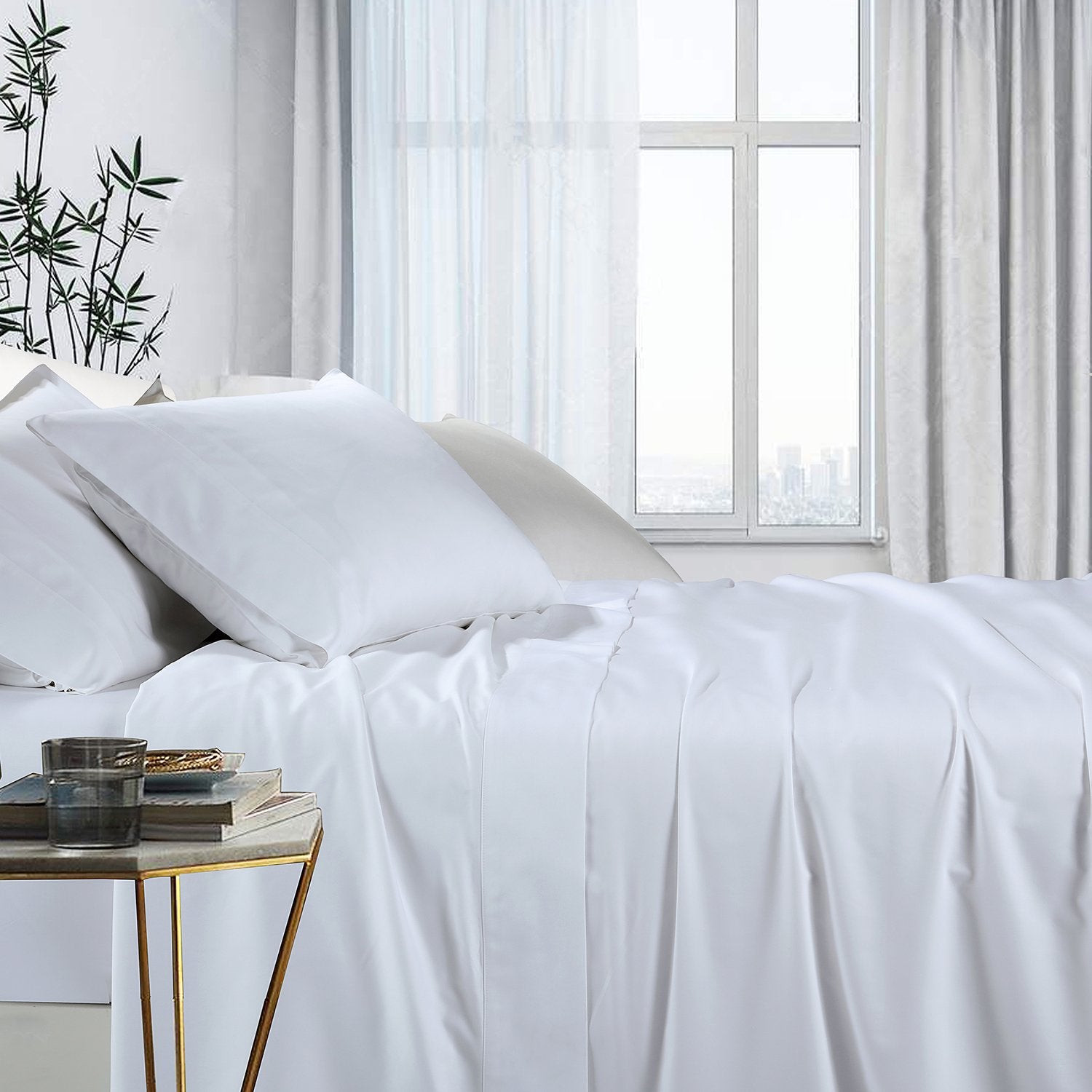 1000TC Luxurious Bamboo Cotton Sheet Sets Fitted Flat Sheet Pillowcases All Size White