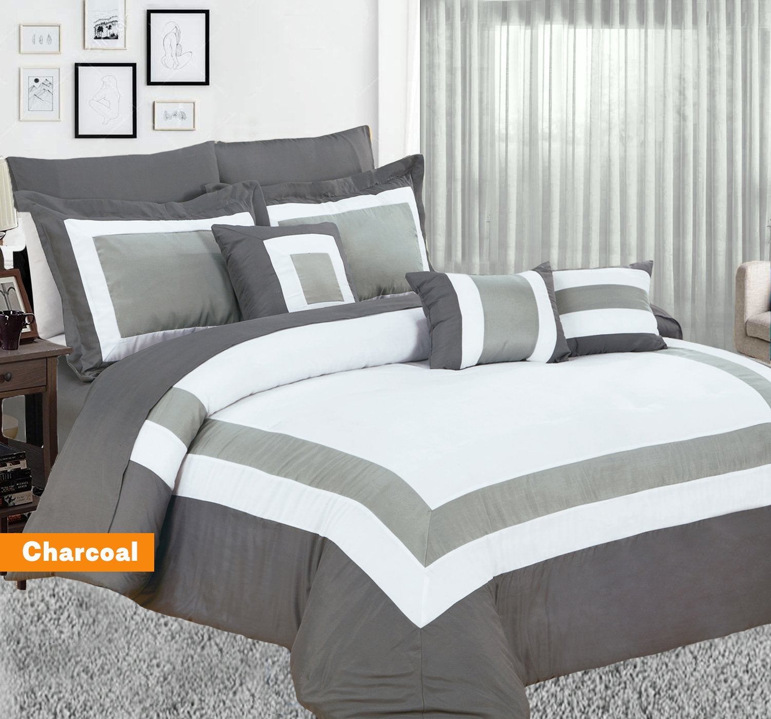 Home Fashion 10 Piece Soft Bed Comforter and Sheet Sets Bedspread Cushions Pillowcase Set Charcoal