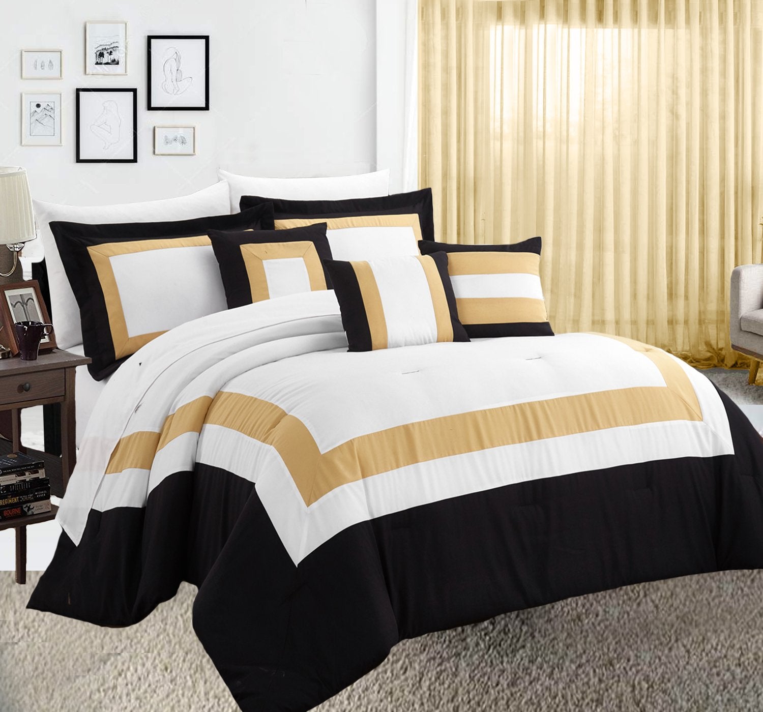 Home Fashion 10 Piece Soft Bed Comforter and Sheet Sets Bedspread Cushions Pillowcase Set Gold