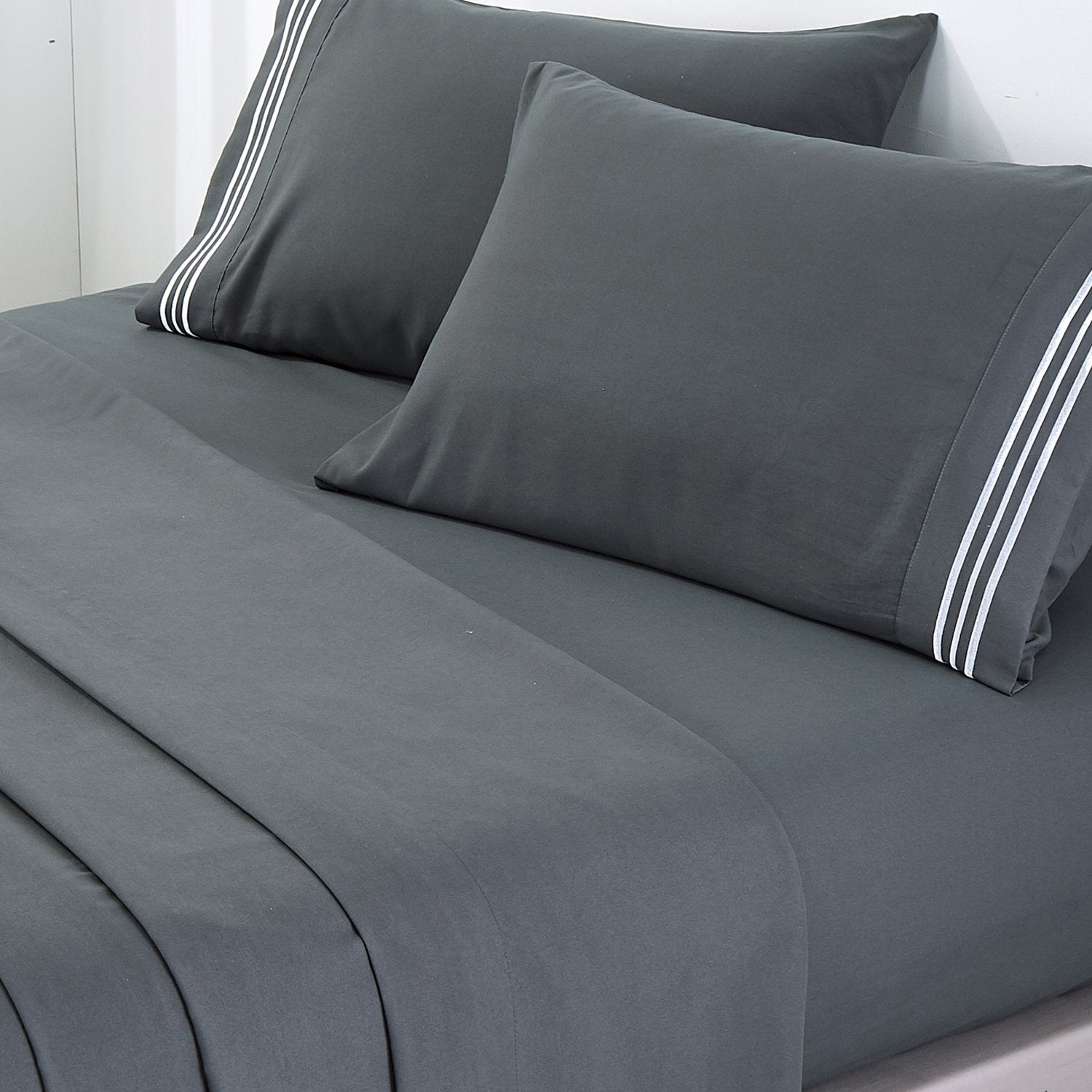 Soft Microfibre Embroidered Stripe Sheet Set Charcoal Pillowcase White Stripe