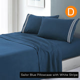 Soft Microfibre Embroidered Stripe Sheet Set Sailor Blue Pillowcase White Stripe
