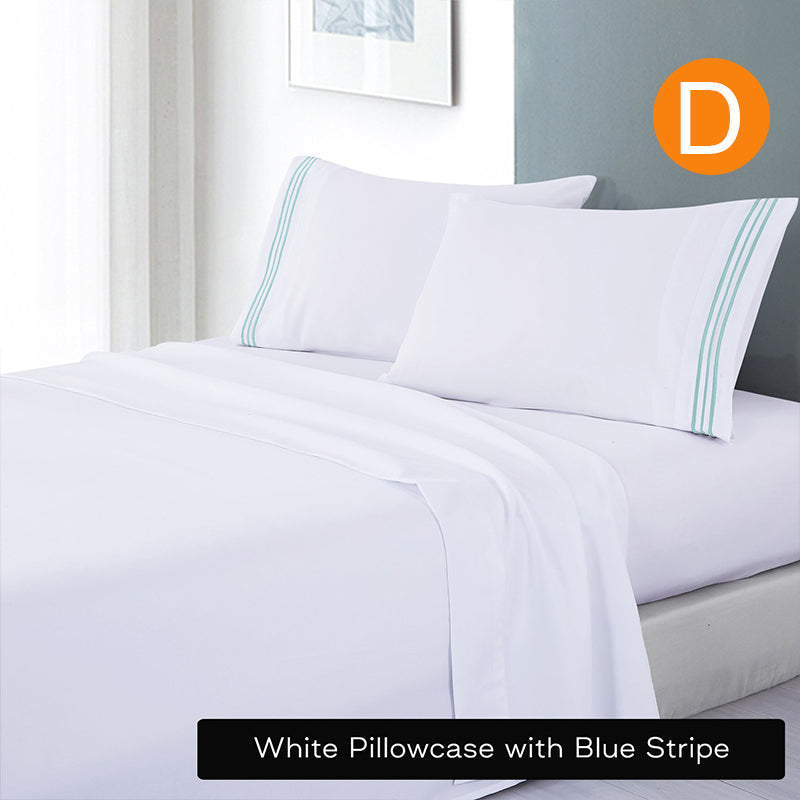 Soft Microfibre Embroidered Stripe Sheet Set White Pillowcase Blue Stripe