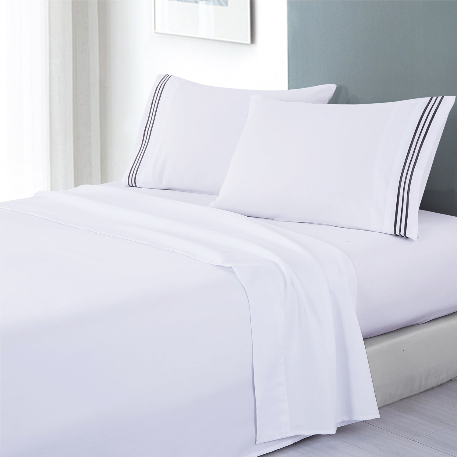 White Soft Microfibre Sheet Set With Colourful Embroidered Stripe