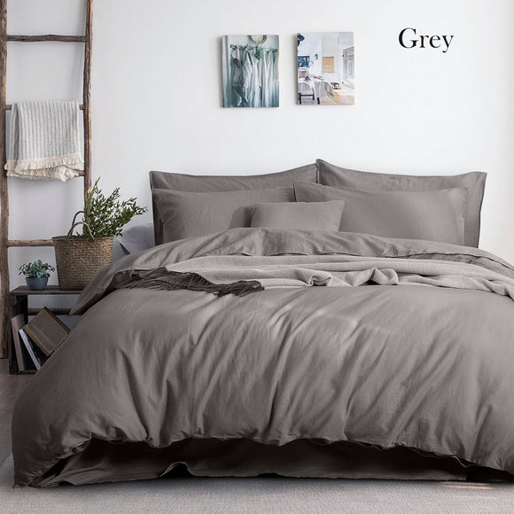 Luxurious Linen Cotton Quilt Cover Set Queen King Grey