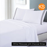 Soft Microfibre Embroidered Stripe Sheet Set White Pillowcase Charcoal Stripe