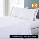 Soft Microfibre Embroidered Stripe Sheet Set White Sheet Taupe Stripe