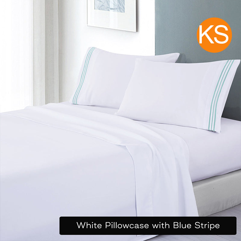 Soft Microfibre Embroidered Stripe Sheet Set White Pillowcase Blue Stripe