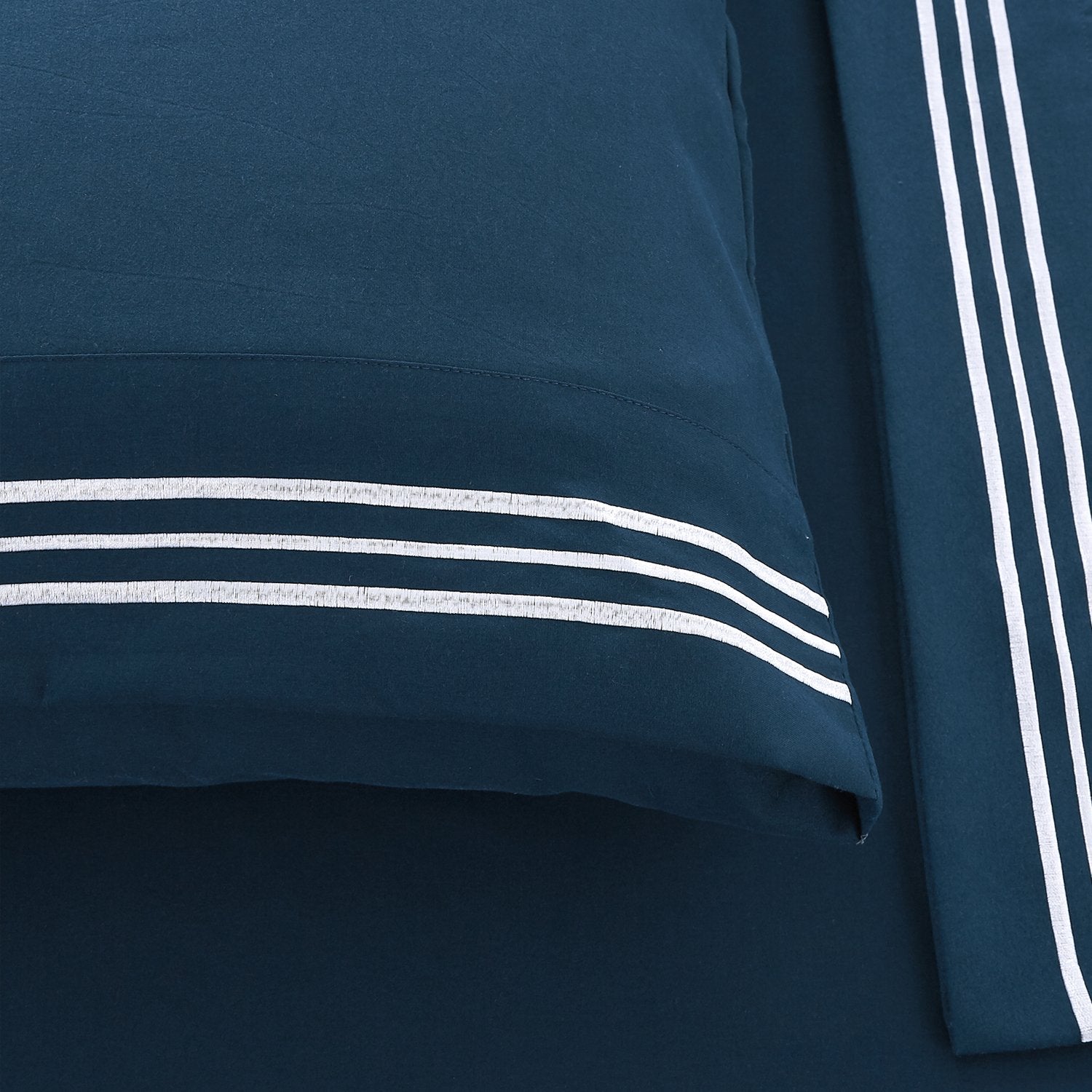 Soft Microfibre Embroidered Stripe Sheet Set Sailor Blue Pillowcase White Stripe
