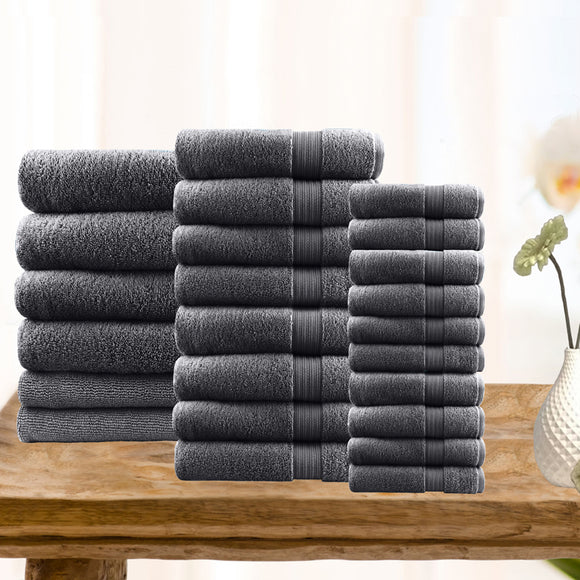 Softouch 24 PCS Ultra Light Quick Dry Premium Cotton Bath Towel Sets in Charcoal