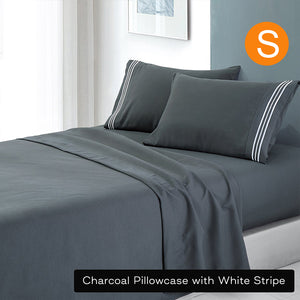 Soft Microfibre Embroidered Stripe Sheet Set Charcoal Pillowcase White Stripe