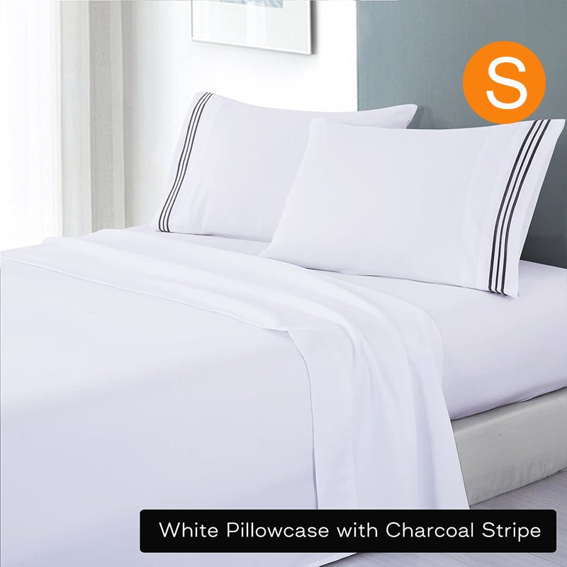 Soft Microfibre Embroidered Stripe Sheet Set White Pillowcase Charcoal Stripe