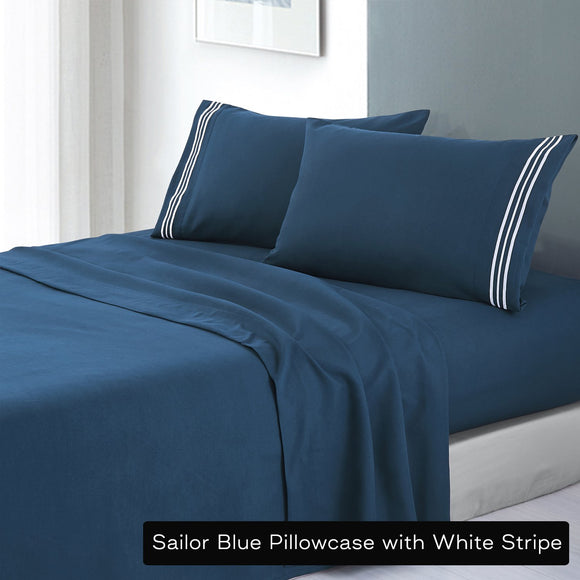 Soft Microfibre Embroidered Stripe Sheet Set Sailor Blue Pillowcase White Stripe