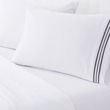 Soft Microfibre Embroidered Stripe Sheet Set White Pillowcase Charcoal Stripe