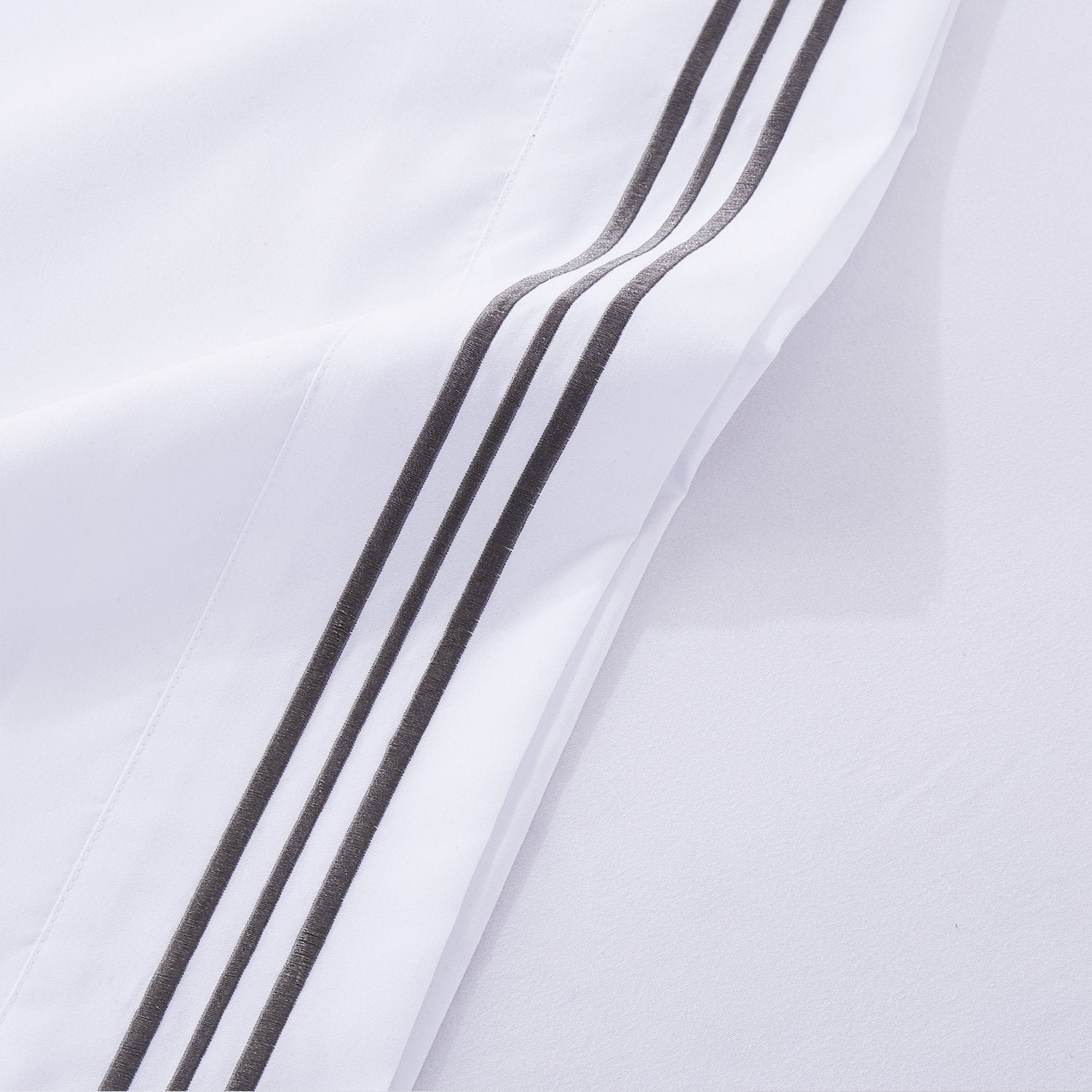 Soft Microfibre Embroidered Stripe Sheet Set White Pillowcase Charcoal Stripe