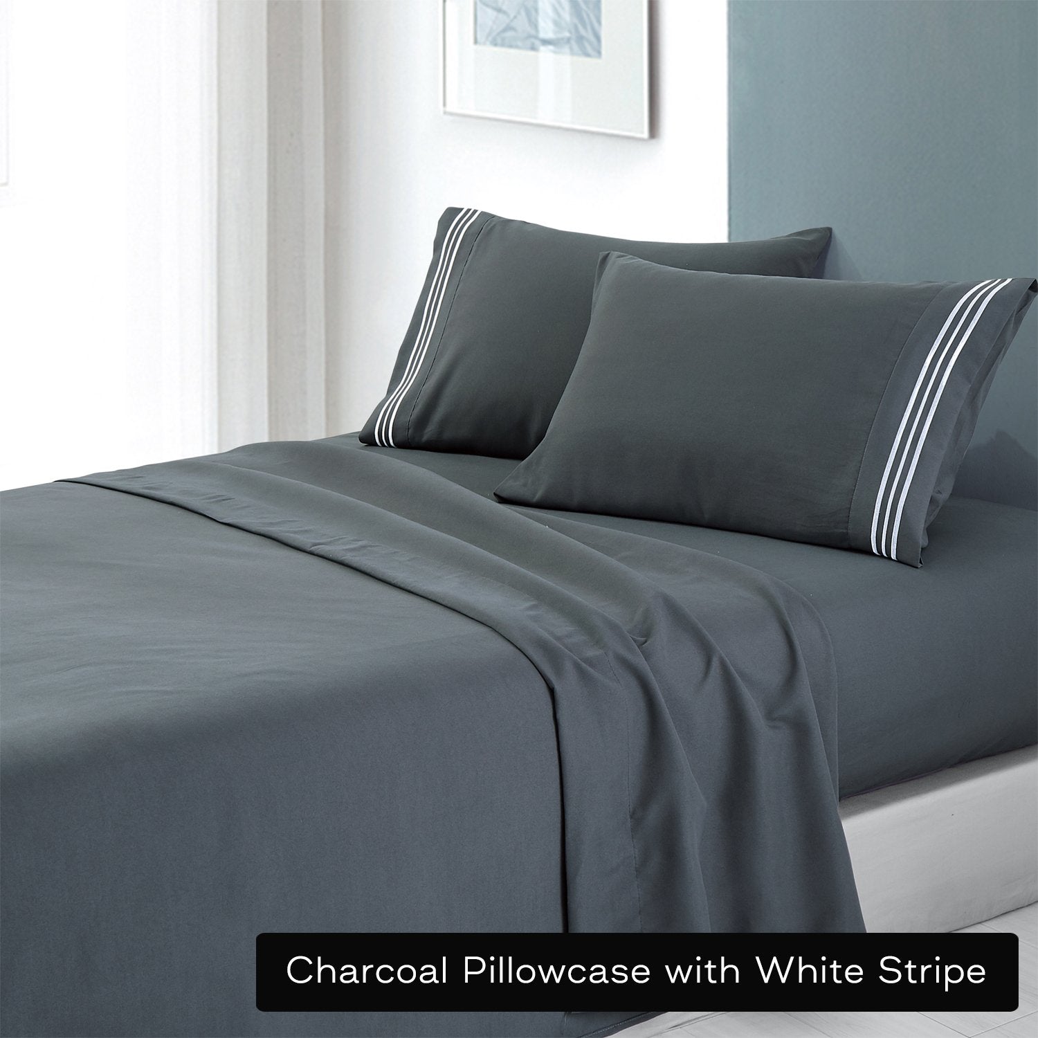 Soft Microfibre Embroidered Stripe Sheet Set Charcoal Pillowcase White Stripe