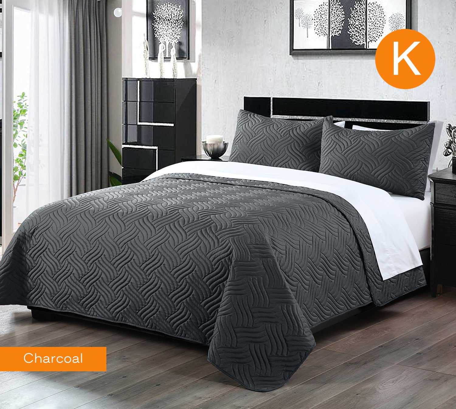 Home Fashion 3 PCS Soft Premium Bed Embossed Coverlet Queen King Charcoal