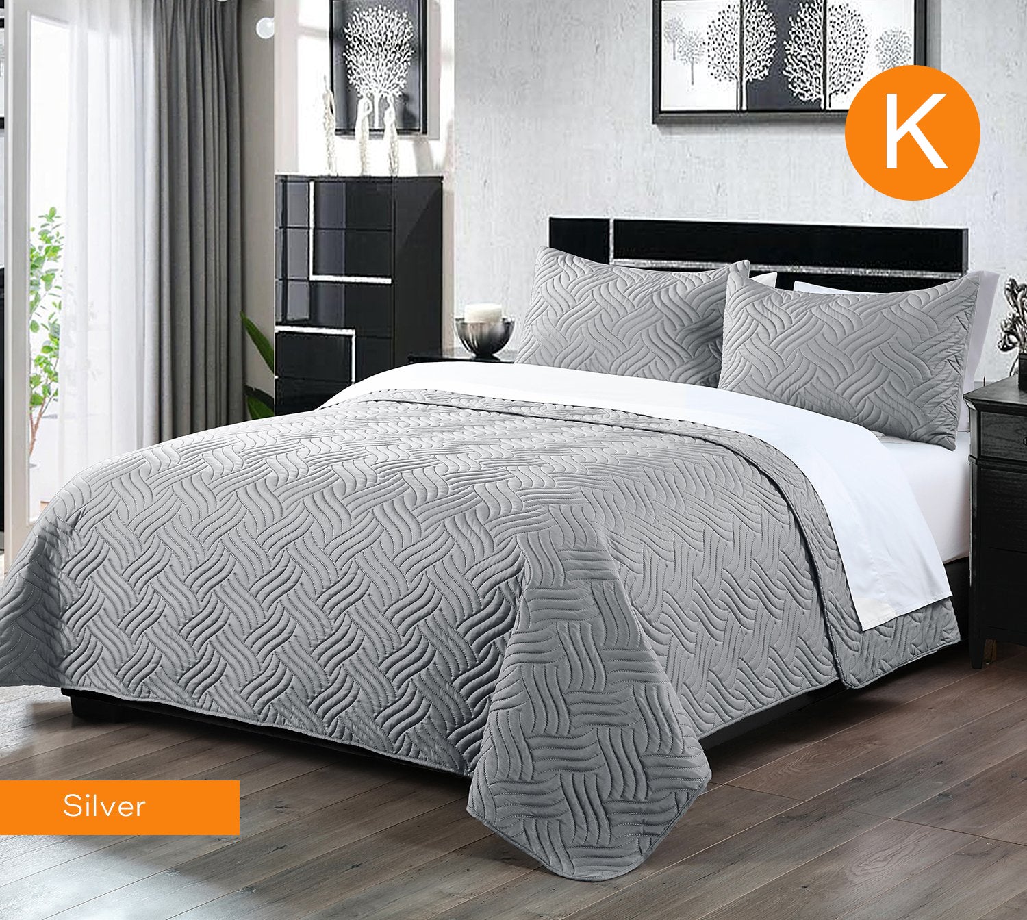 Home Fashion 3 PCS Soft Premium Bed Embossed Coverlet Queen King Silver