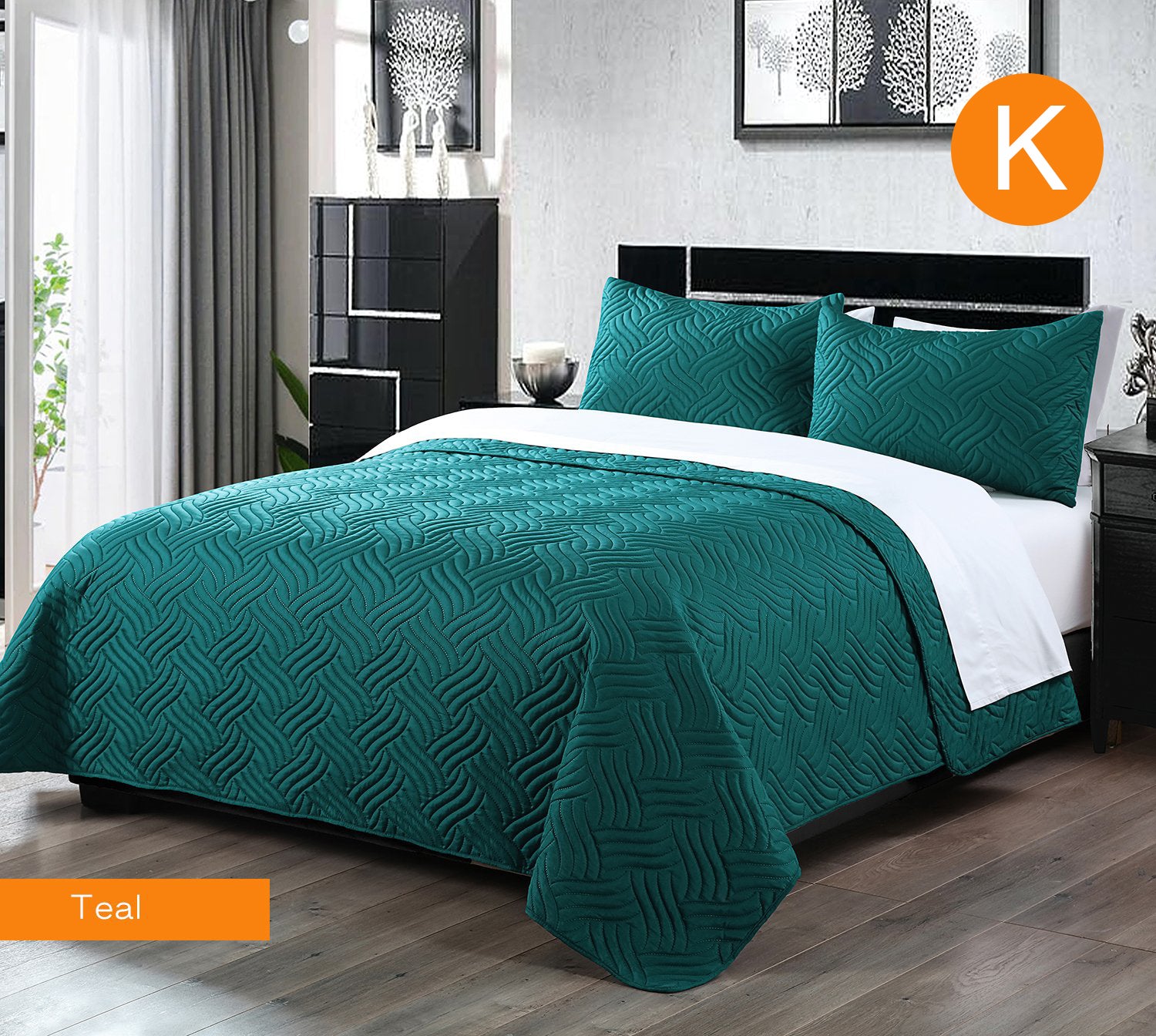 Home Fashion 3 PCS Soft Premium Bed Embossed Coverlet Queen King Teal